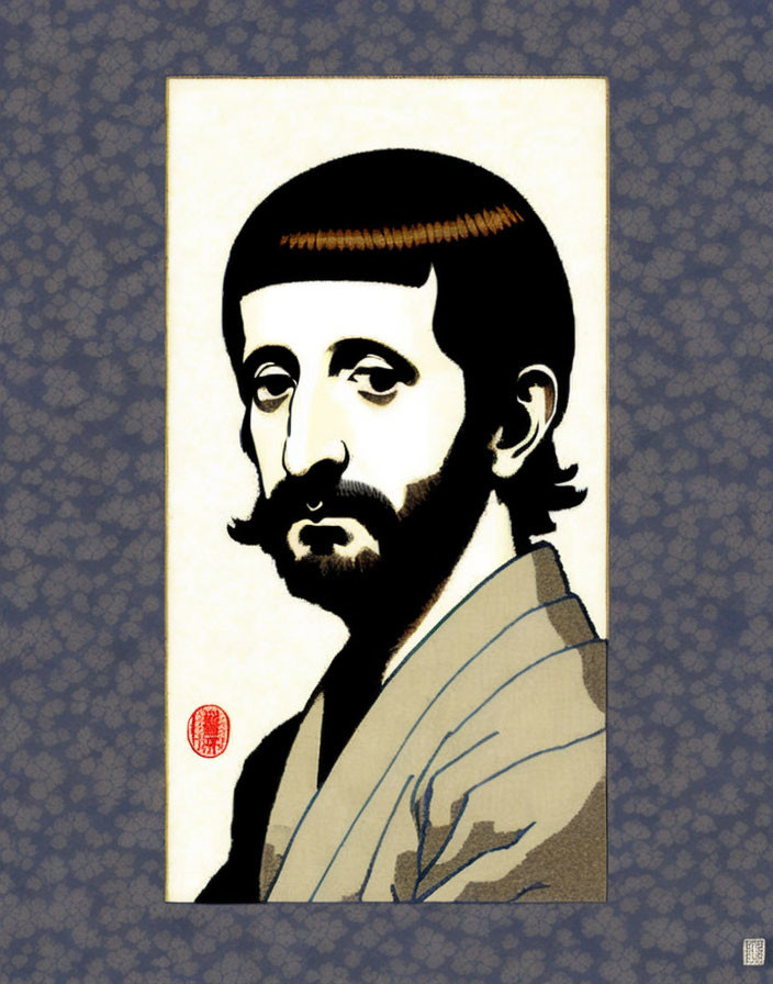 Stylized portrait illustration of man in traditional Japanese attire on blue background