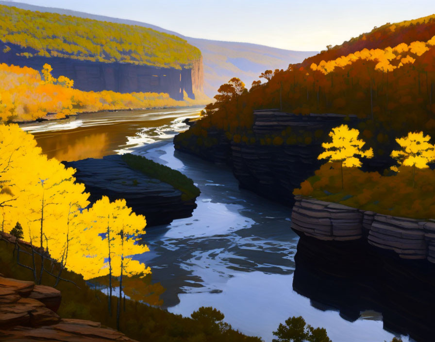 Autumn canyon landscape with winding river and vibrant reflections