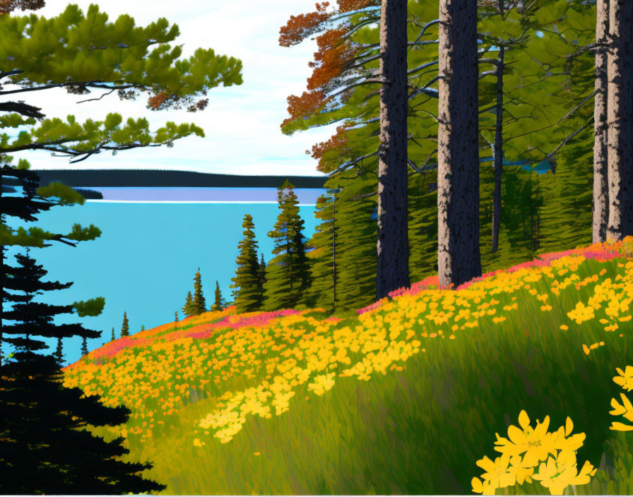 Lakeside scene with tall pine trees and colorful meadow