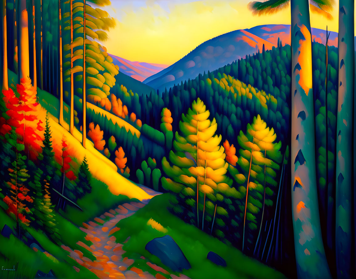 Colorful forest scene painting at sunset with winding dirt path.