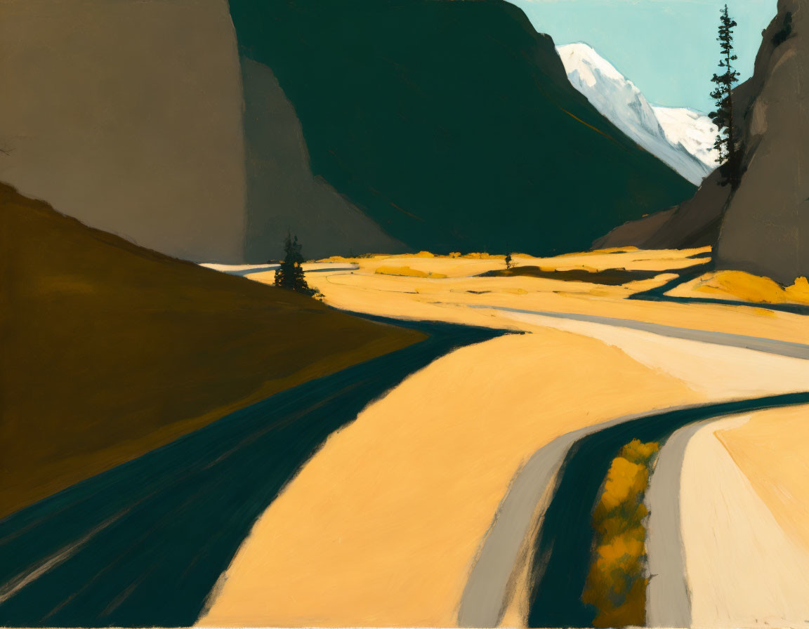 Stylized painting of winding road through valley with mountains and clear sky