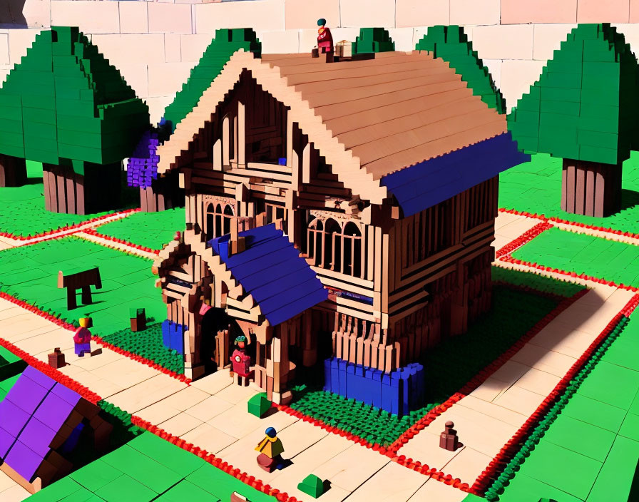 Colorful Lego house with figures and trees, resembling a video game scene