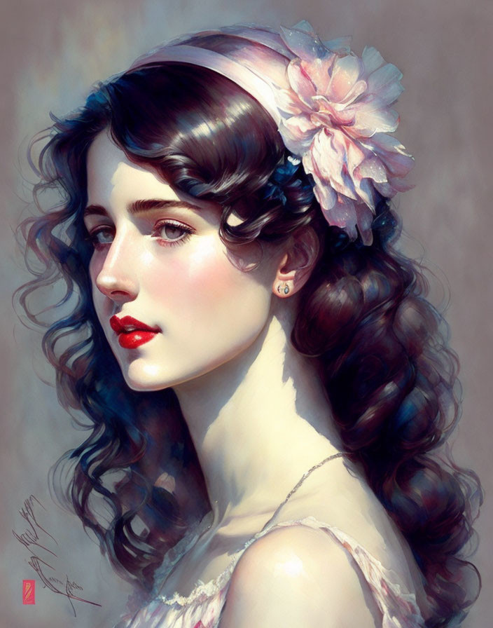 Woman portrait: curly hair, flower, red lips, off-shoulder dress, soft painterly