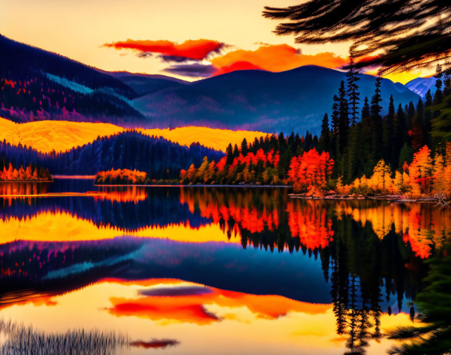 Scenic sunset with autumn trees, lake reflections & mountains