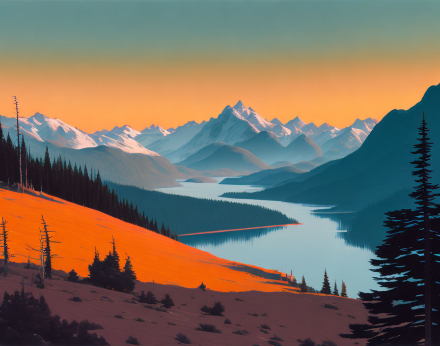 Mountain Range Landscape: Meandering River, Orange Sky, Pine Trees