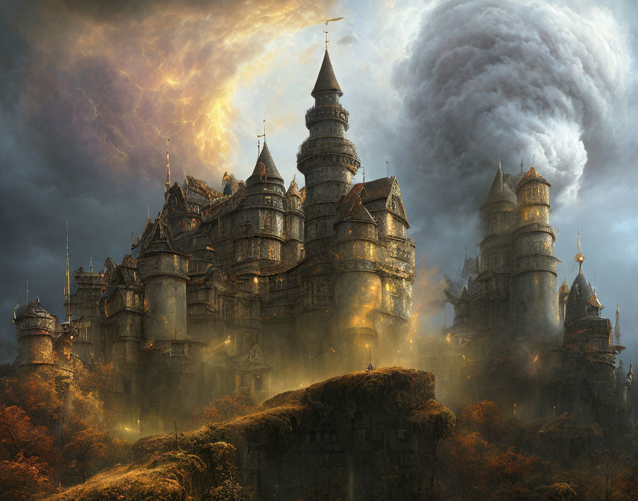 Majestic fantasy castle with spires in dramatic sky over autumnal forest