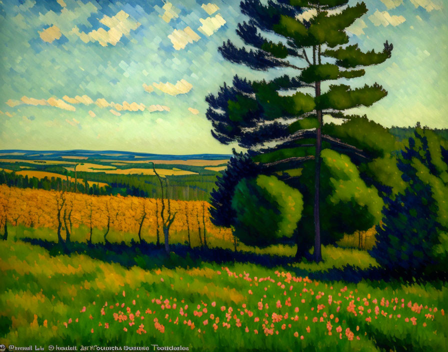 Landscape painting with pine tree, flowers, and rolling hills