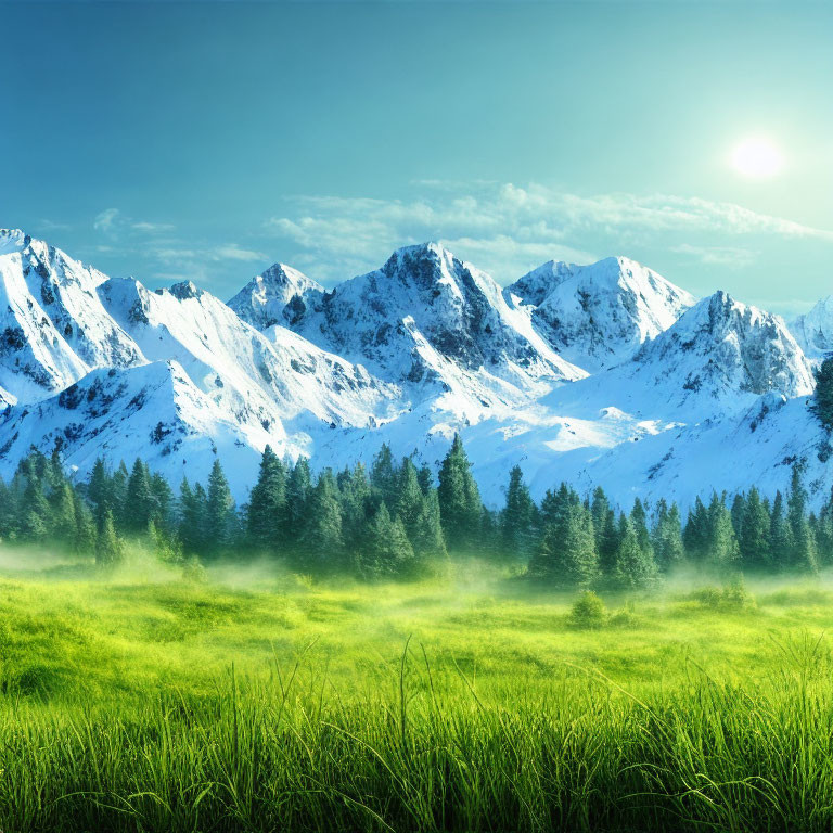 Scenic landscape with sunlit meadow, mist, and snow-capped mountains