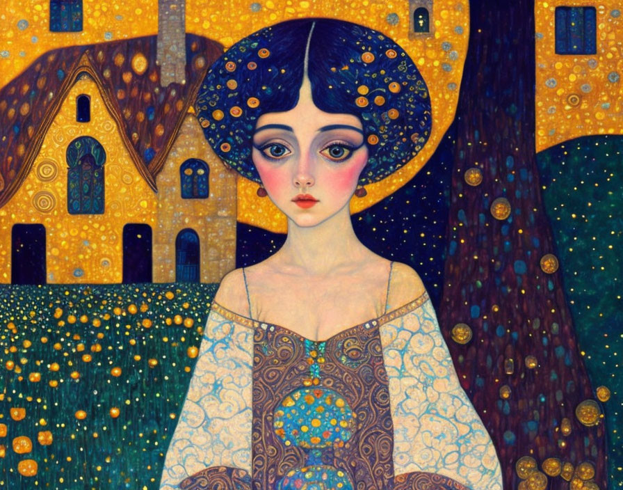 Stylized painting of woman with large eyes in starry night sky scene