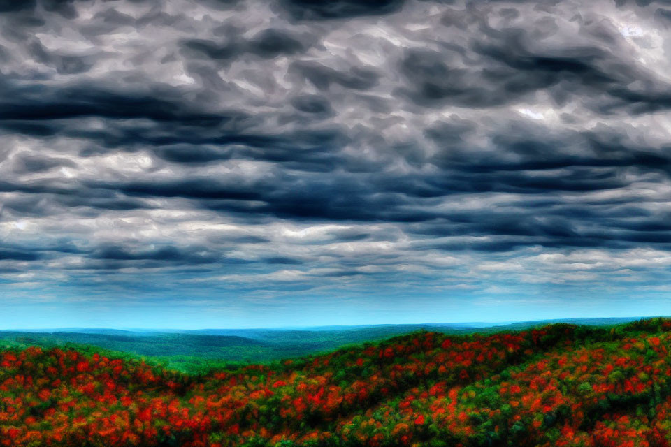 Colorful Forested Hillside Under Dramatic Cloudy Sky