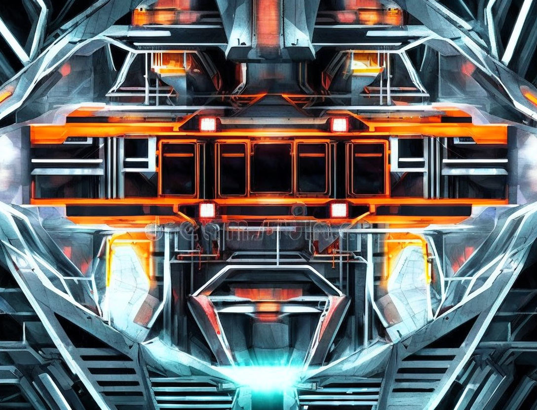 Symmetrical Digital Art: Orange and Blue Futuristic Train in Metallic Surroundings