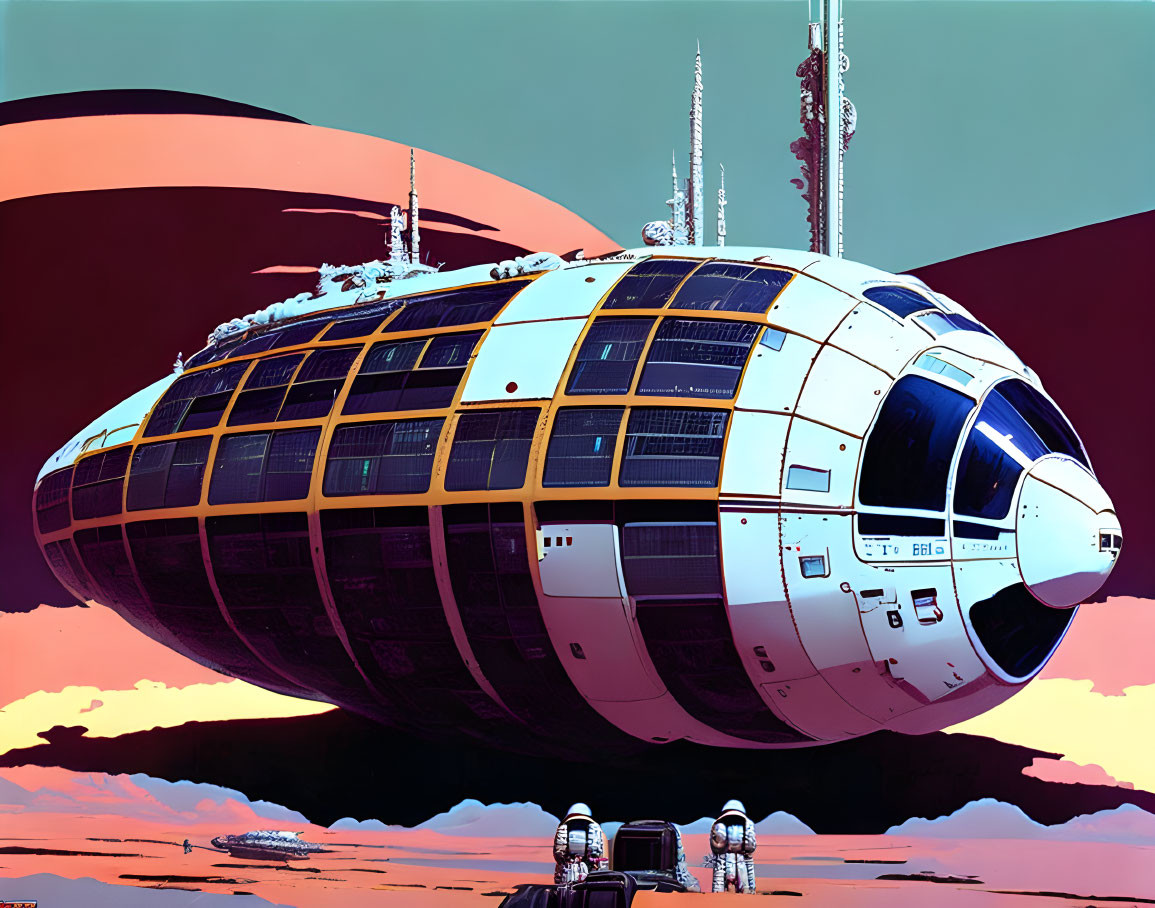 Spherical spaceship with antenna arrays on barren alien landscape