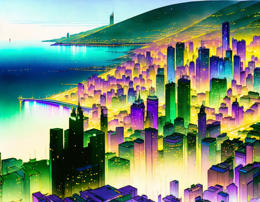 Futuristic cityscape with luminous buildings and bridge over calm bay