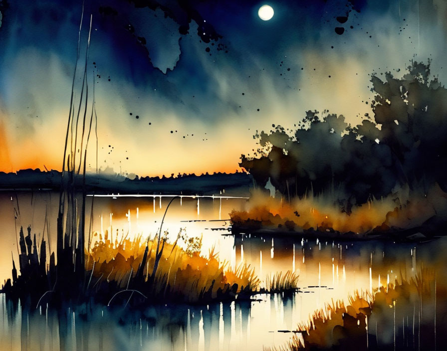 Serene night landscape watercolor painting with moon reflection on calm lake