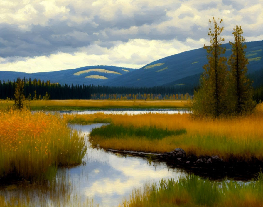 Tranquil river landscape with golden foliage, evergreens, hills, and cloudy sky