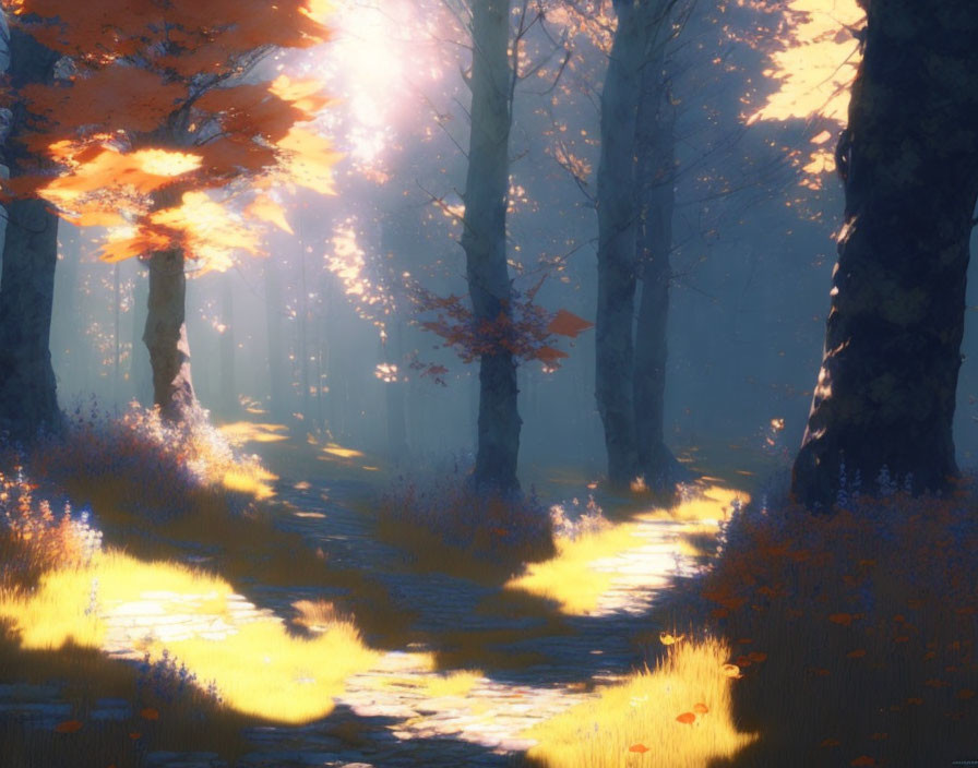 Ethereal forest scene with sunlight filtering through trees