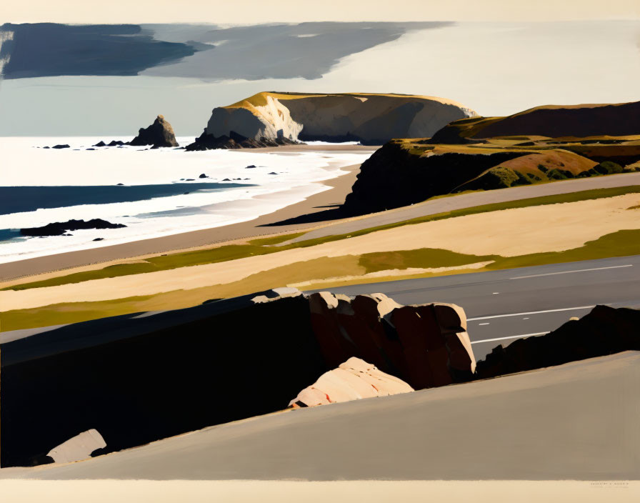 Coastal scene painting with beach, cliffs, rocks, and road