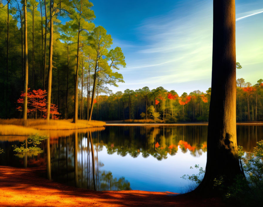 Tranquil forest lake sunrise with tree reflection and autumn foliage.