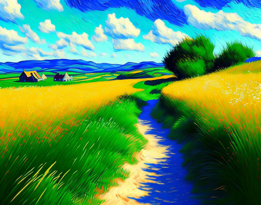 Scenic countryside painting with wheat fields, hills, and farmhouse