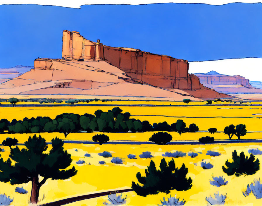 Colorful desert scene with red mesa, yellow ground, green shrubs, and blue sky