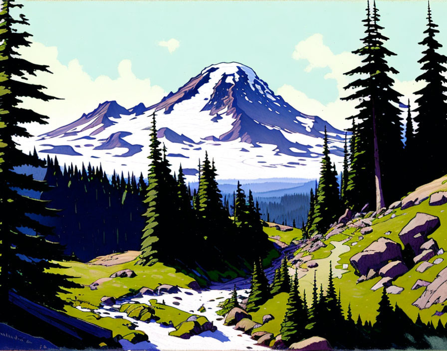 Snow-capped mountain with evergreen trees and stream illustration