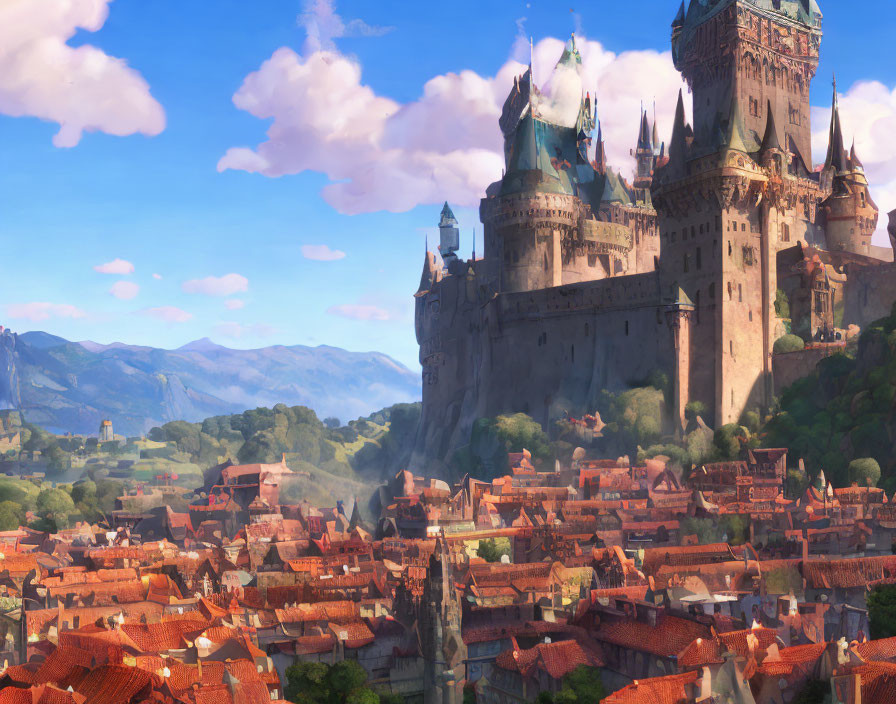 Medieval town with red rooftops and majestic castle in lush landscape