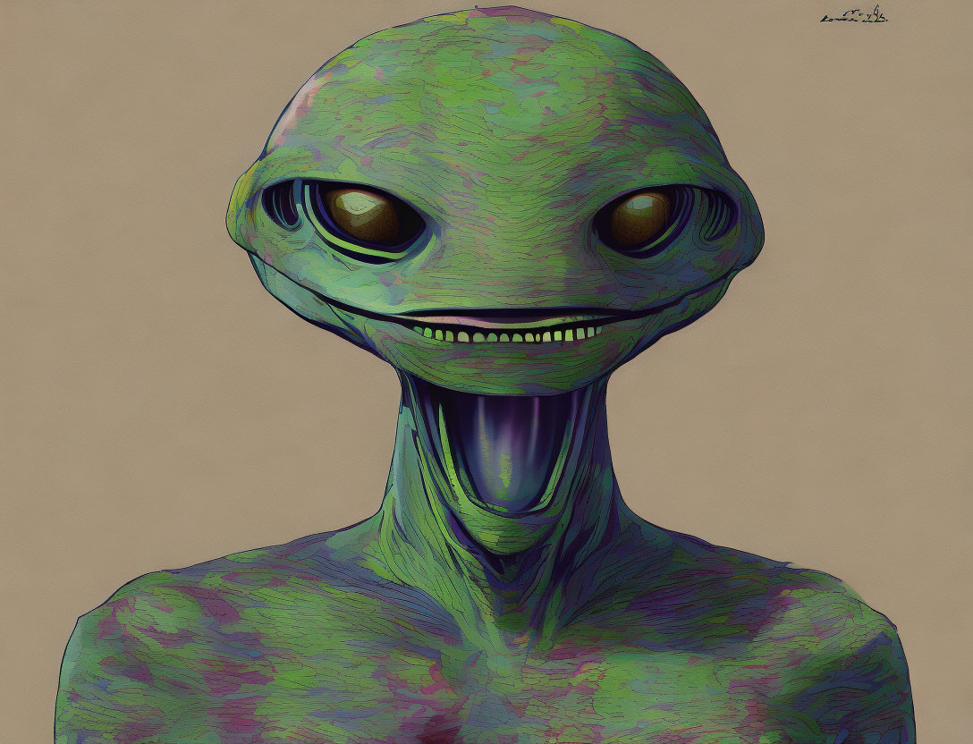 Colorful stylized alien with large eyes and smile on tan background