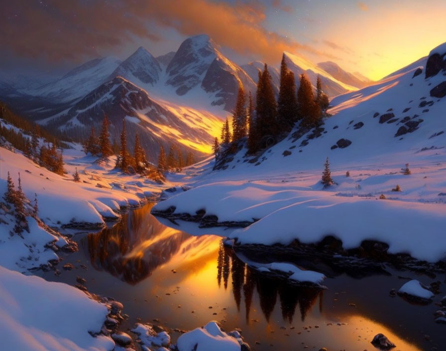 Snowy Sunset Landscape: Orange Sky, River, Mountains