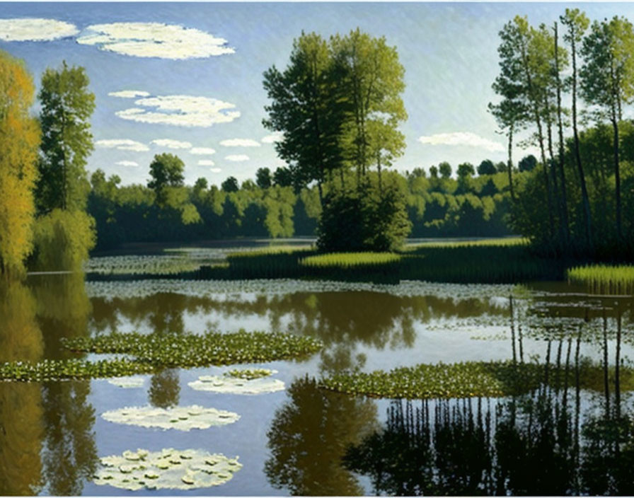 Tranquil lake with water lilies, green trees, and blue sky