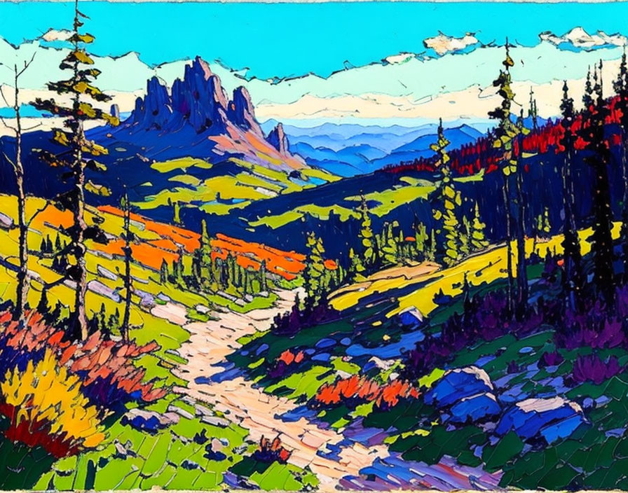 Colorful Impressionist Mountain Landscape Painting with Trees and Winding Path