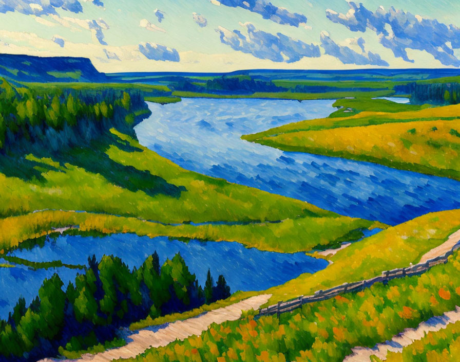 Scenic painting of meandering river with lush green banks