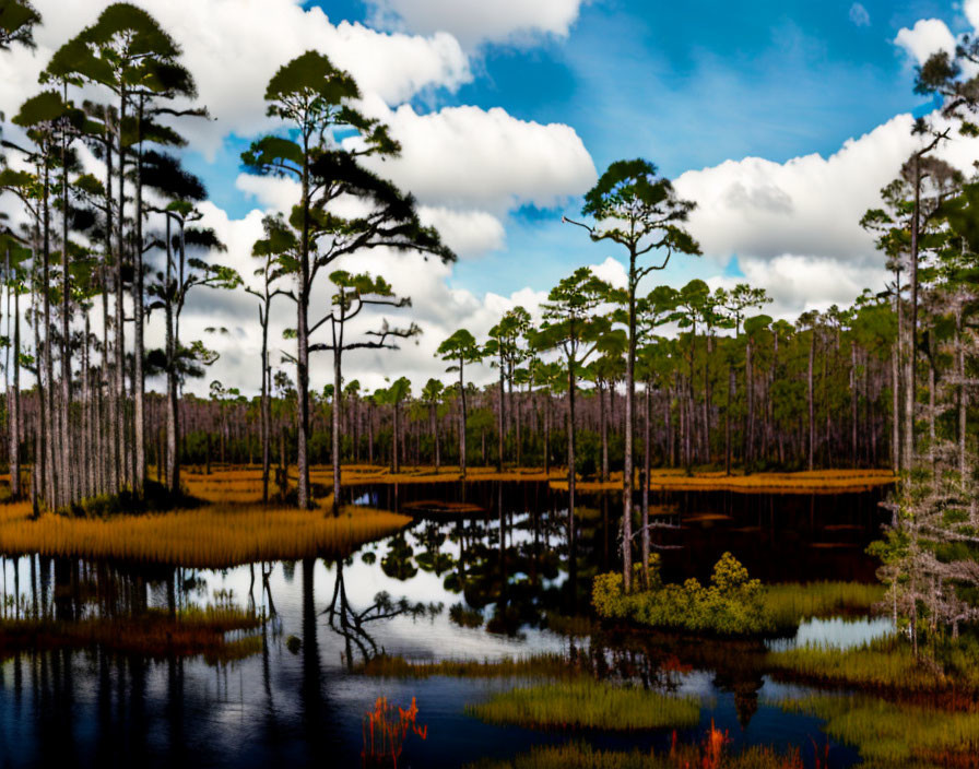 Tranquil wetland landscape with tall pine trees and reflections in still waters