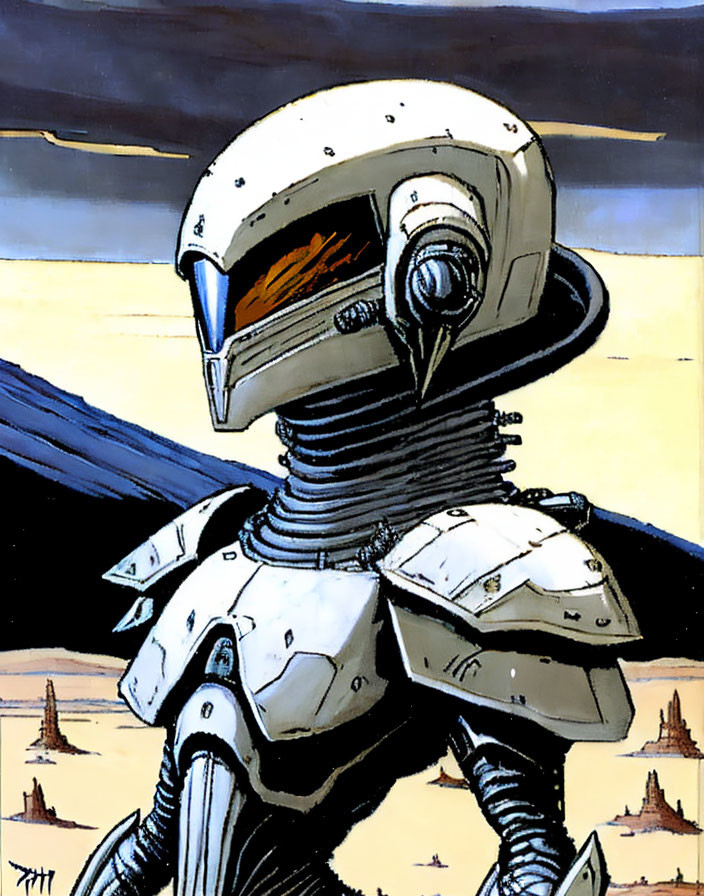 Robotic figure with helmet and armor in desert landscape