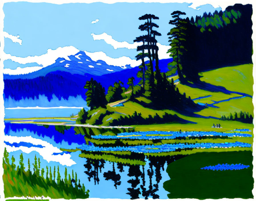 Tranquil lake painting with lush trees and blue mountains