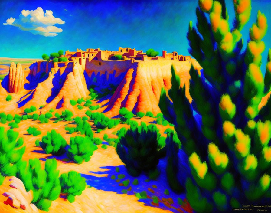 Desert landscape painting with pueblo on cliff, blue sky, fluffy clouds, and lush greenery