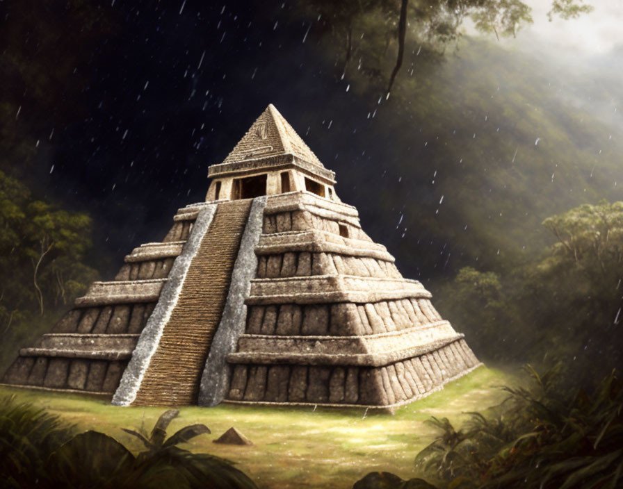 Ancient Mesoamerican Pyramid in Jungle Rain