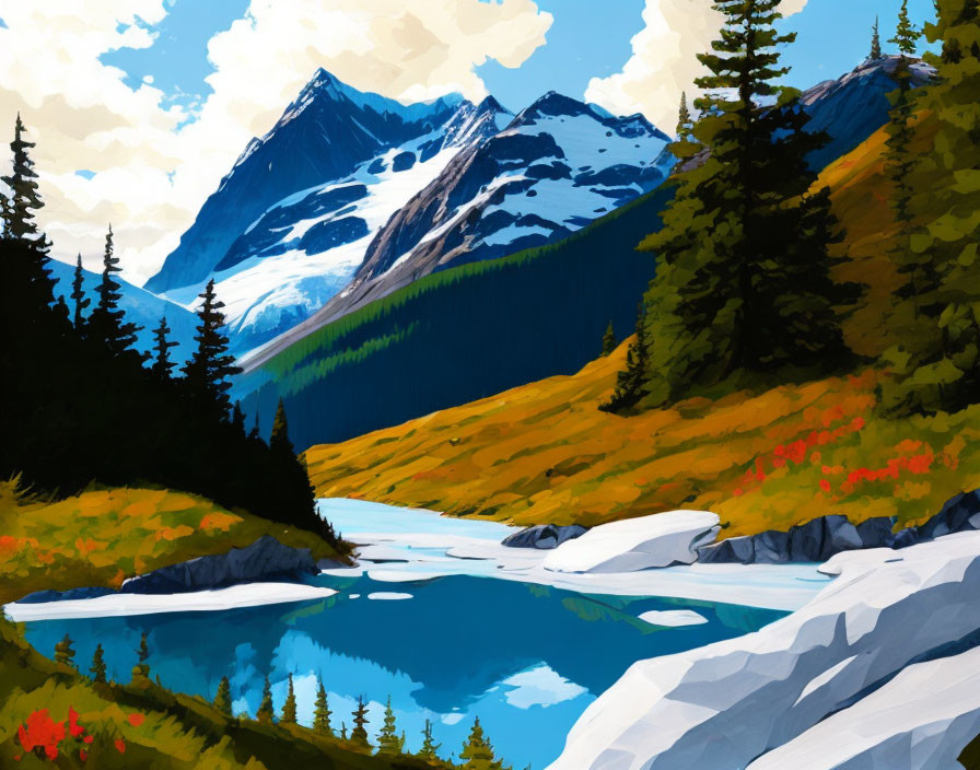 Scenic mountain landscape painting with river, snow-capped peaks, trees, and wildflowers