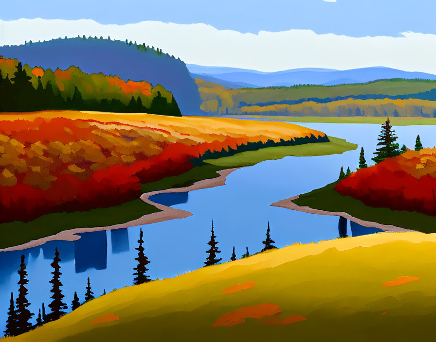 Colorful Autumn Landscape with Meandering River