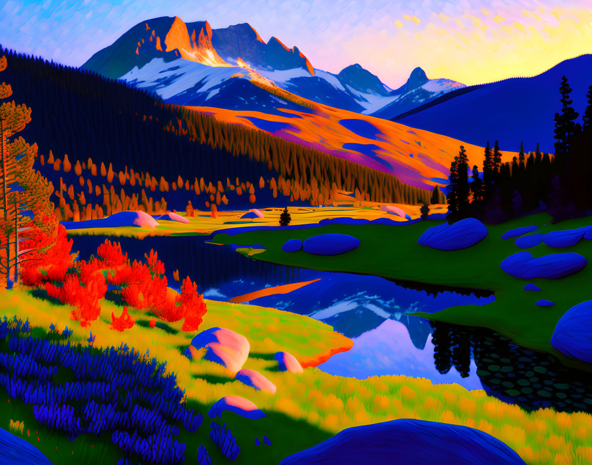 Colorful sunset landscape with mountains, river, and surreal style