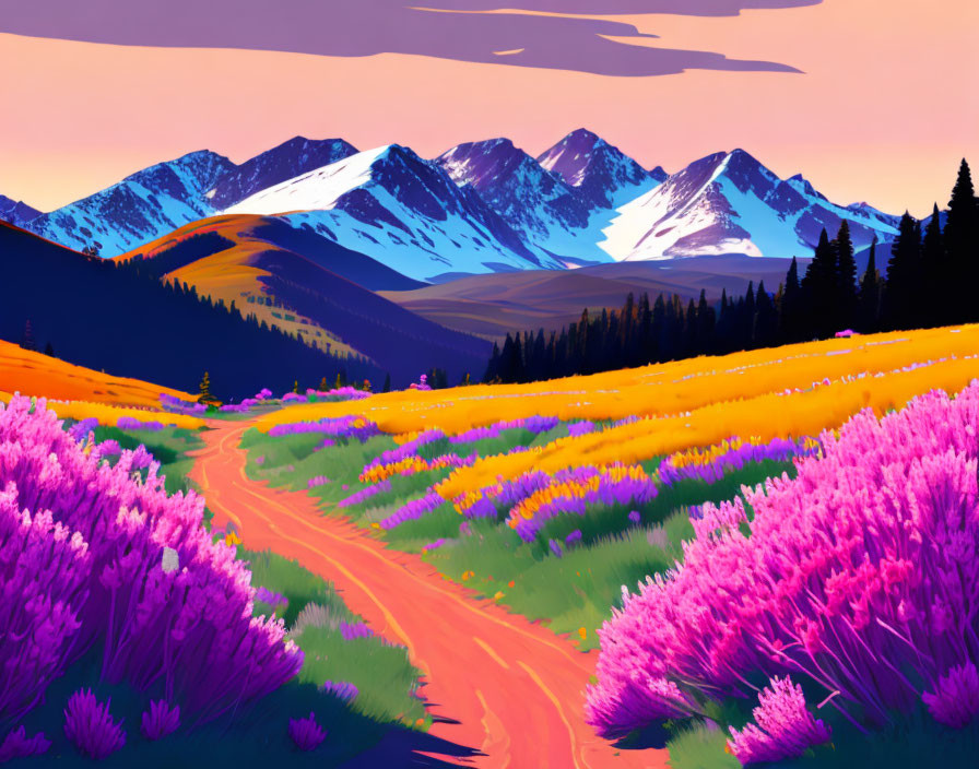 Colorful digital artwork: Mountain landscape with sunset sky and wildflowers path