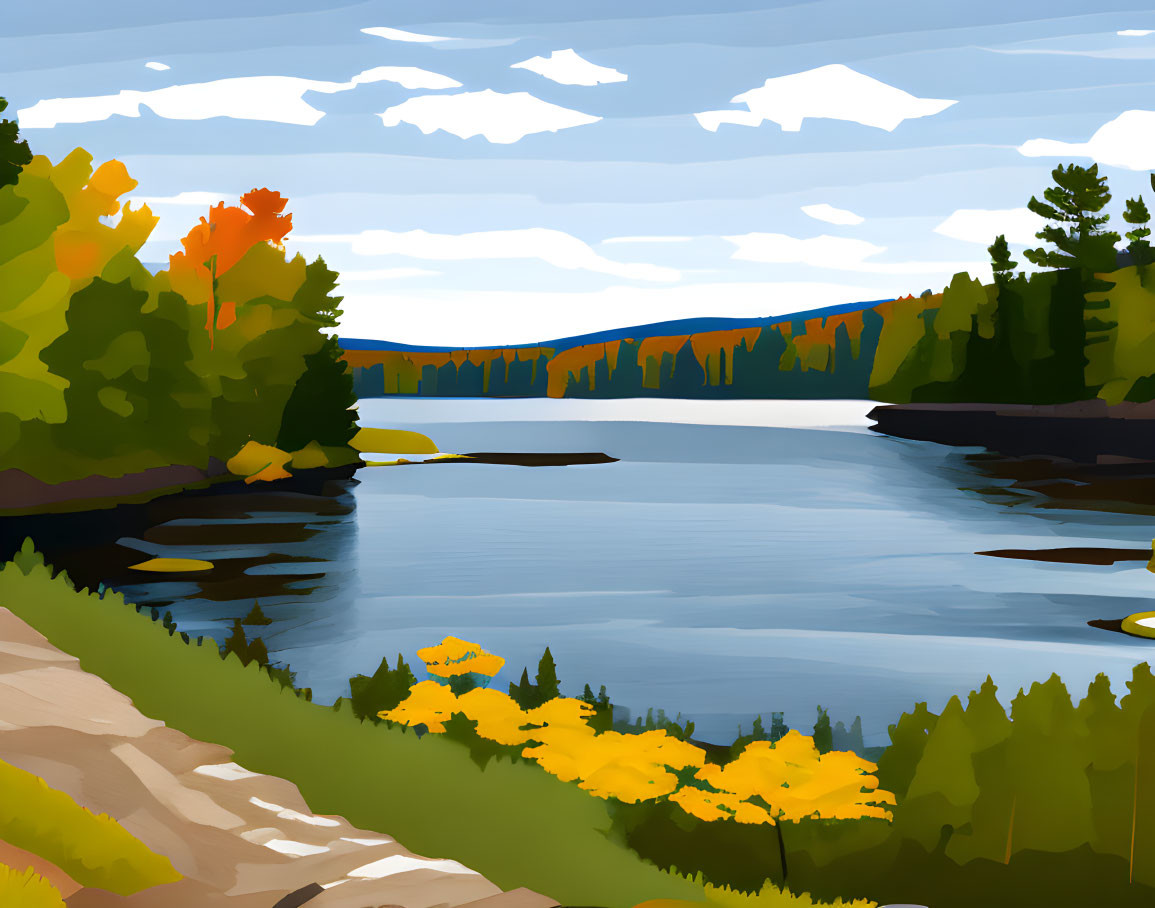 Scenic lake surrounded by autumn forest in digital illustration