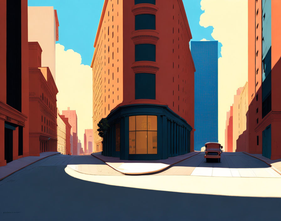 Illustration of empty city street corner with tall buildings, blue sky, and vintage car.