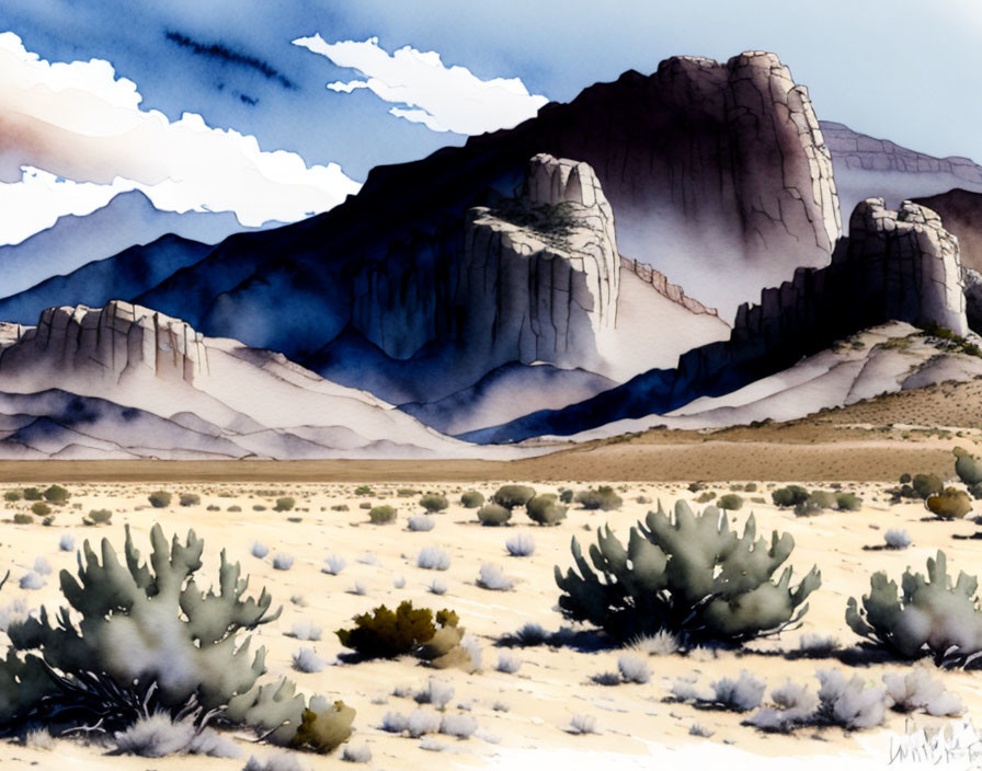Desert landscape watercolor painting with cliffs and shrubbery