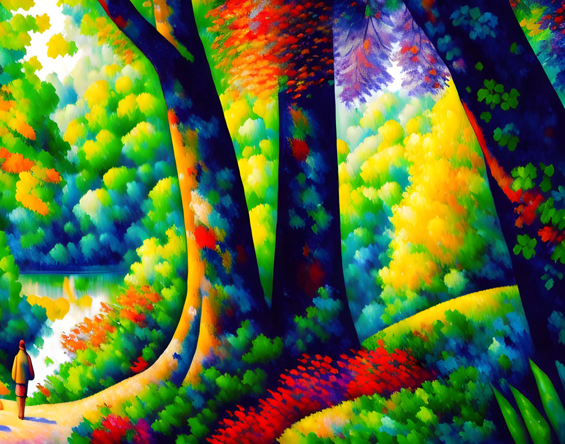 Colorful forest painting with person walking among stylized trees and radiant light.