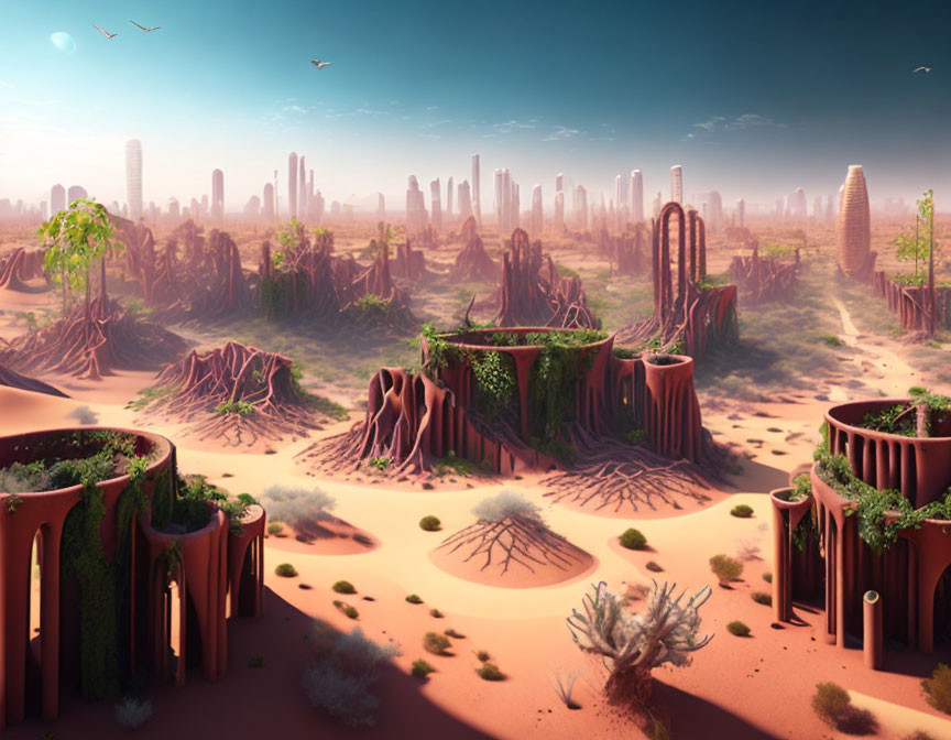 Futuristic desert landscape with towering ruins and flying creatures