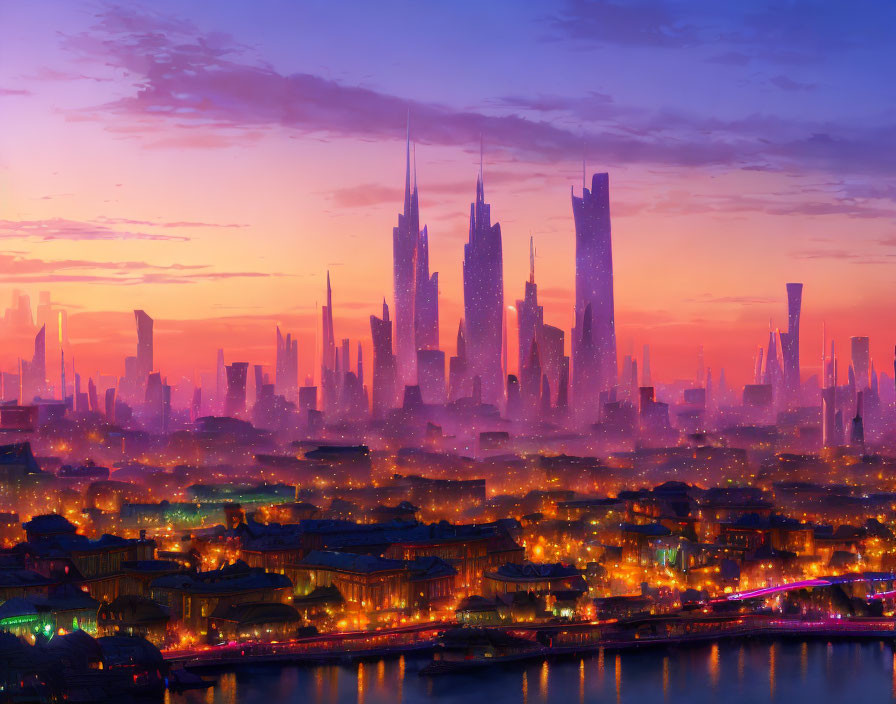 Vibrant purple and orange hues in futuristic city skyline at dusk