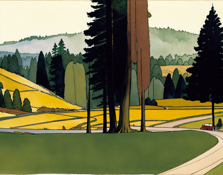 Stylized landscape with red car on winding road amid yellow fields, trees, and green hills