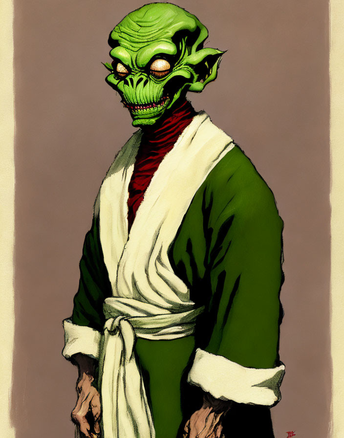 Green alien with large eyes and sharp teeth in white and red robe.