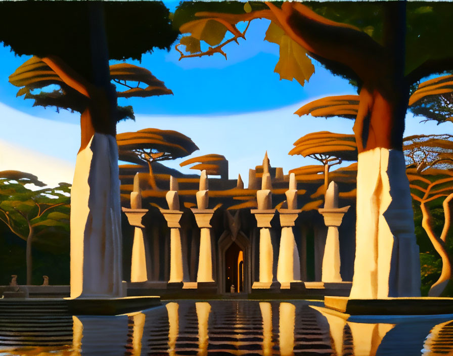 Tranquil scene: Reflective pool, arched entrance, castle-like building, stylized trees