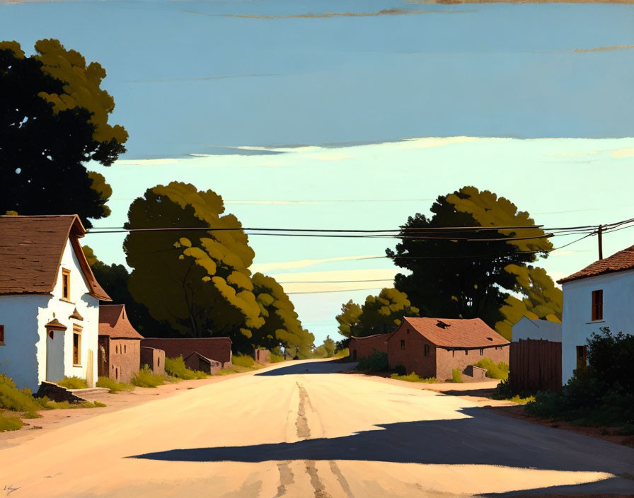 Tranquil street with houses, blue sky, power lines, and green trees